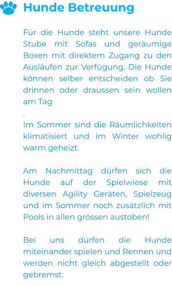 Hunde Betreuung  Für die Hunde steht unsere Hunde Stube mit Sofas und geräumige Boxen mit direktem Zugang zu den Ausläufen zur Verfügung. Die Hunde können selber entscheiden ob Sie drinnen oder draussen sein wollen am Tag . Im Sommer sind die Räumlichkeiten klimatisiert und im Winter wohlig warm geheizt.  Am Nachmittag dürfen sich die Hunde auf der Spielwiese mit diversen Agility Geräten, Spielzeug und im Sommer noch zusätzlich mit Pools in allen grössen austoben!  Bei uns dürfen die Hunde miteinander spielen und Rennen und werden nicht gleich abgestellt oder gebremst.